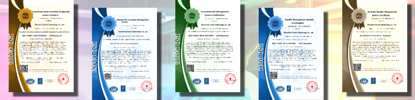 Quality Priority Certifications for aviation system and medical system stands for premier criteria of industry admittance, besides ISO9001,ISO14001 and ISO45001, Jiuhui is also awarded with AS9100D and ISO13485.