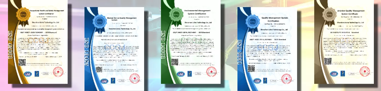 Quality Priority Certifications for aviation system and medical system stands for premier criteria of industry admittance, besides ISO9001,ISO14001 and ISO45001, Jiuhui is also awarded with AS9100D and ISO13485.